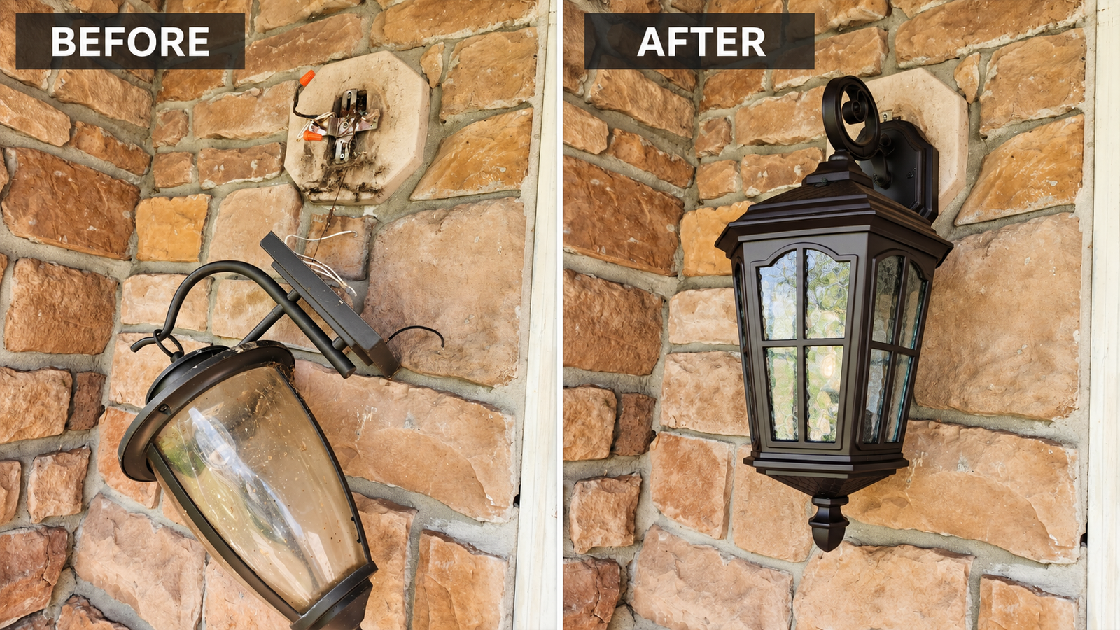 Before and after: worn outdoor light fixture replaced with a new lantern